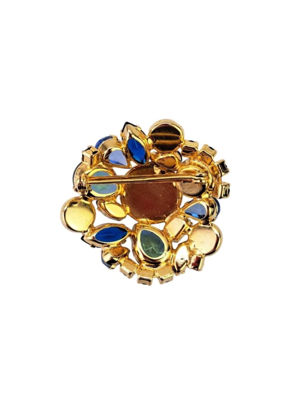 Vintage Blue Rhinestone Round Brooch Pin Dome Cabochon Navette Cluster Statement - Picture 6 of 11